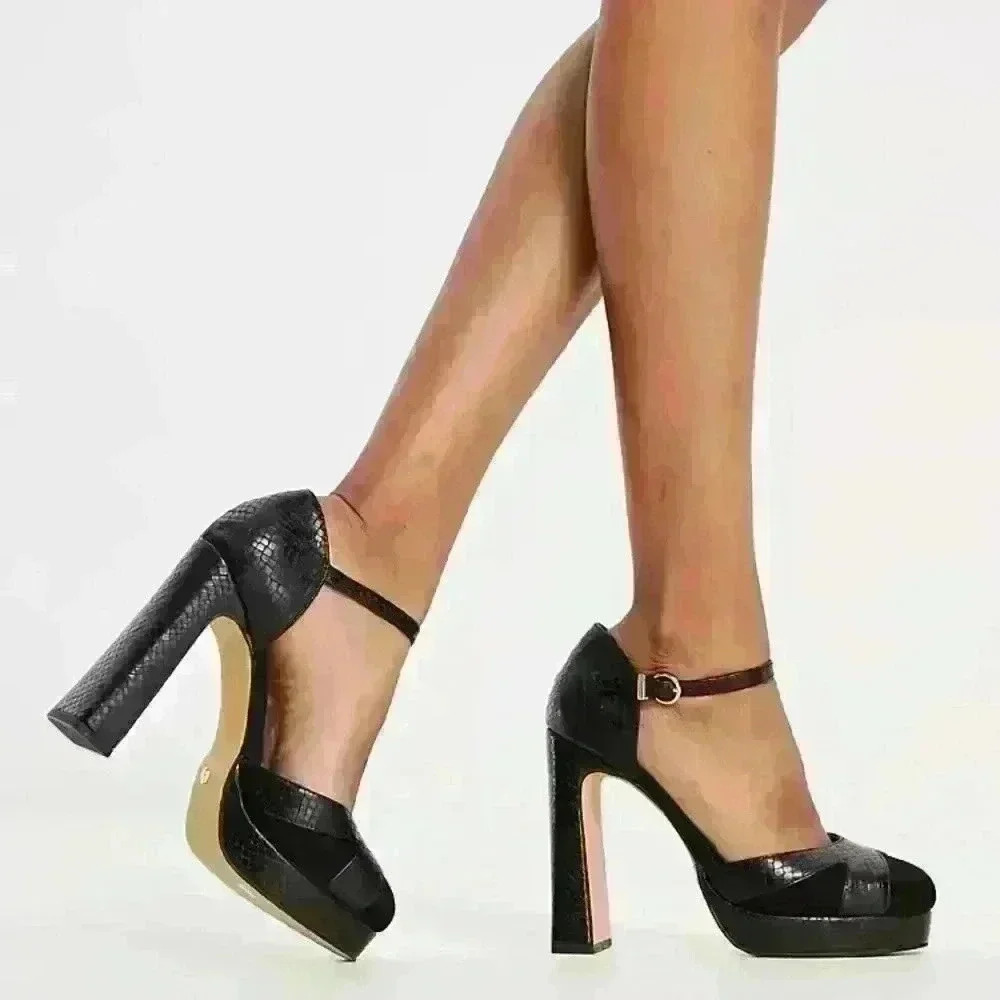 OFFICE London Size Black Snake Mix Haddie Platform Block High Heels